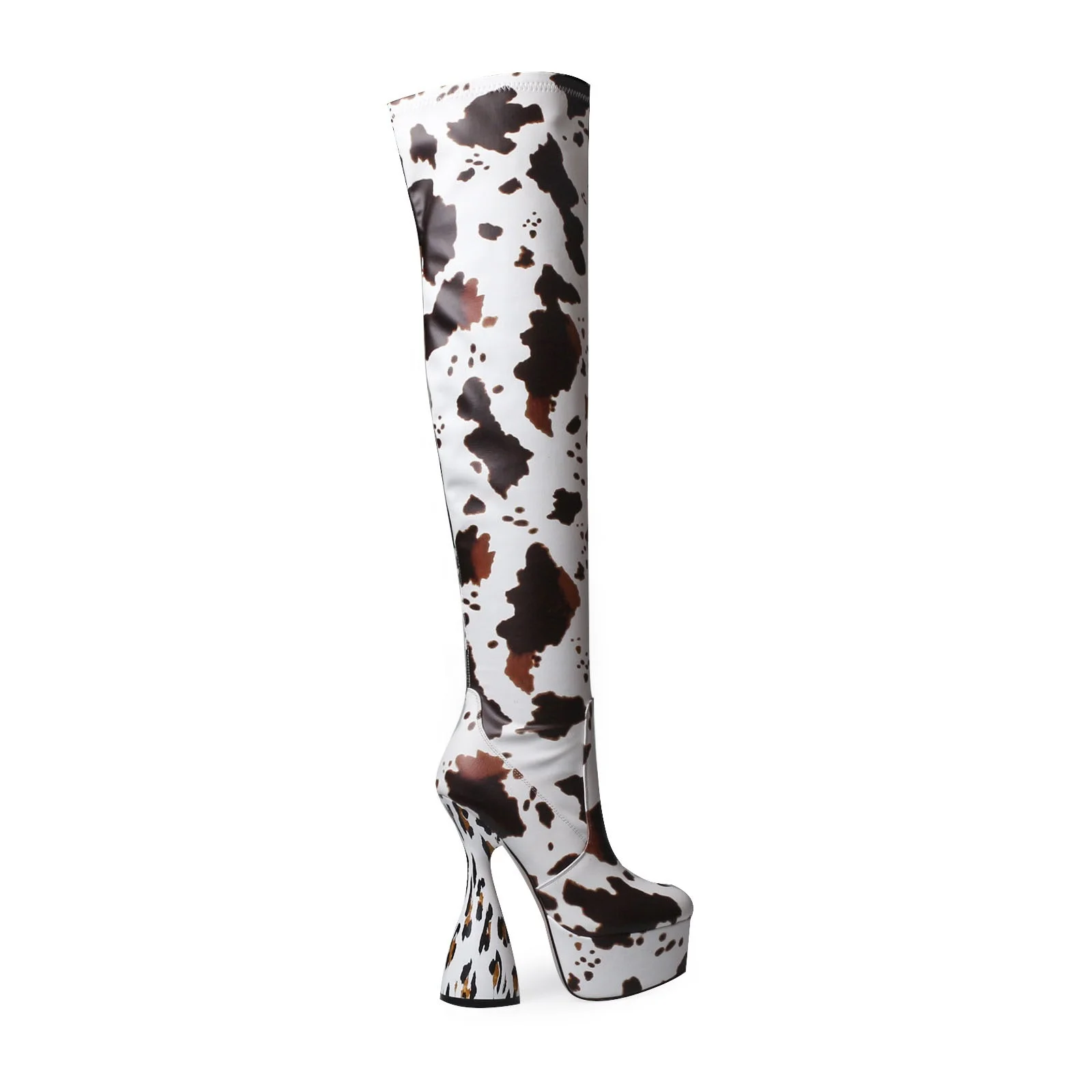 

Anmairon 2021 Round Toe Long Boots 16cm High Heel Cow Print Platform Boots Bowling Heel Over Knee Boots for Women