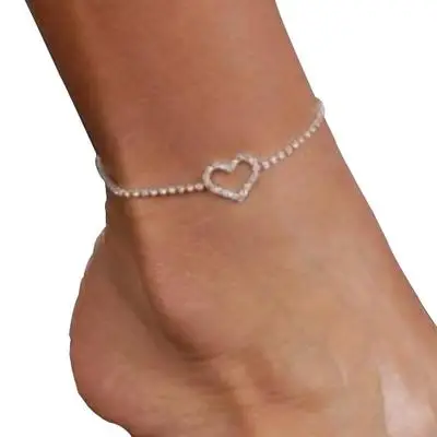 

2021 Hot Selling Summer Beach Footwear Shiny CZ Hollow Heart Ankle Bracelets Single Row Crystal Tennis Chain Heart Anklets