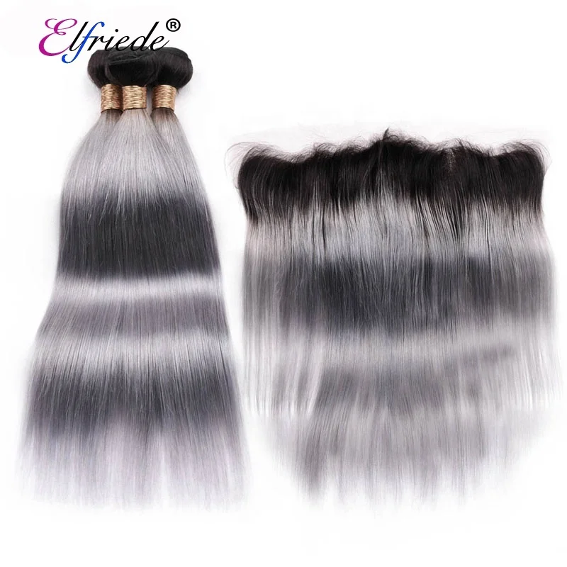 

#T 1B/Grey Straight Hair Bundles with Frontal Ombre Brazilian Remy Human Hair Weaves with 13"x4" Lace Frontal JCXT-26