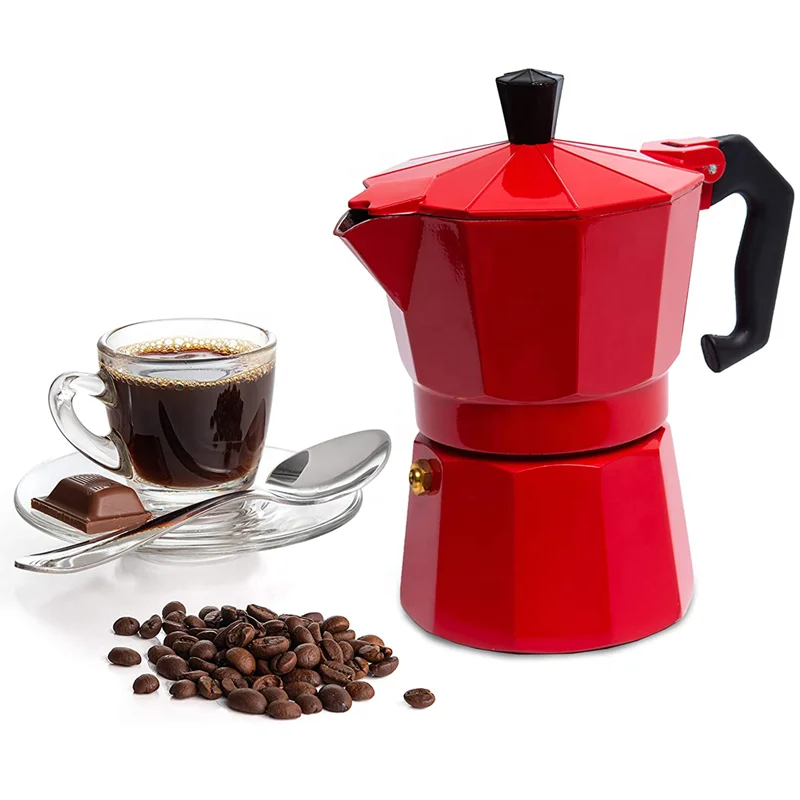 

Customized Logo Red Aluminium Percolator Pot Moka Pot Espresso Coffee Maker Portail Expreso Italiana Cafetera