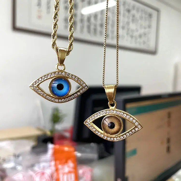 

Chinese Real Green Jade Pendant Jewelry Blue Evil Eyes Yellow Devil Eyes Gold Plated Necklace Best Seller