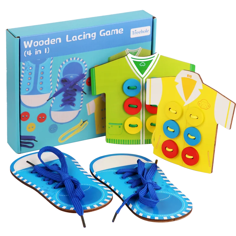 

SD18 montessori 4 in 1 Popular clothes lacing cards funny education wear rope toy wooden buttons lacing game