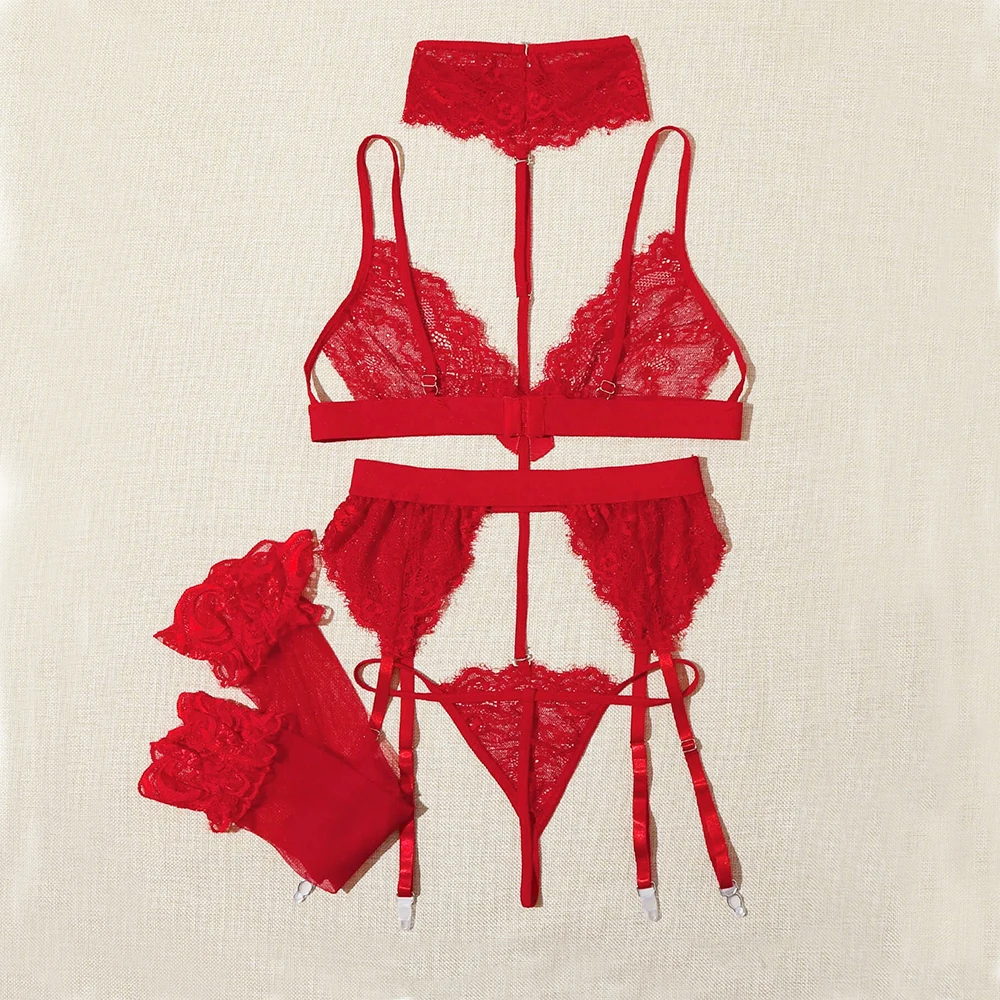 

Women's Floral Lace High Waisted Garter Belt Lingerie Set, Red