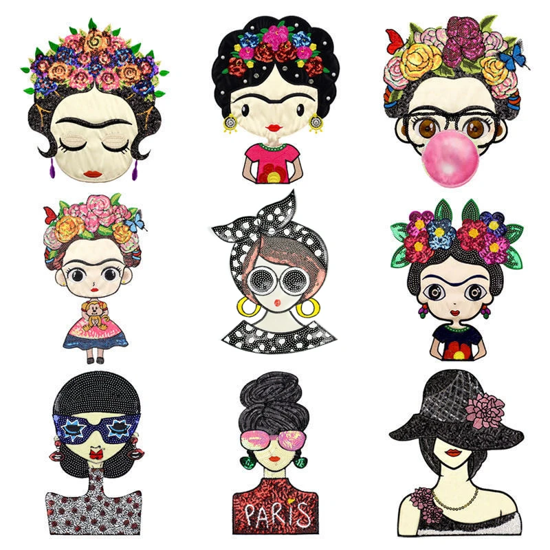 

small MOQ patches hot selling Mexico frida girl sequin embroidery iron on patch for garment
