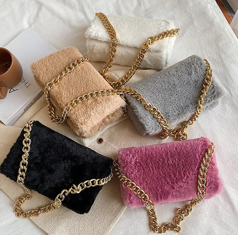 

Faux Fur Chains Shoulder Crossbody Purses Luxury Fashion Fall Winter Ladies Bags Plush Handbags Women Hand Bags, 5 colors