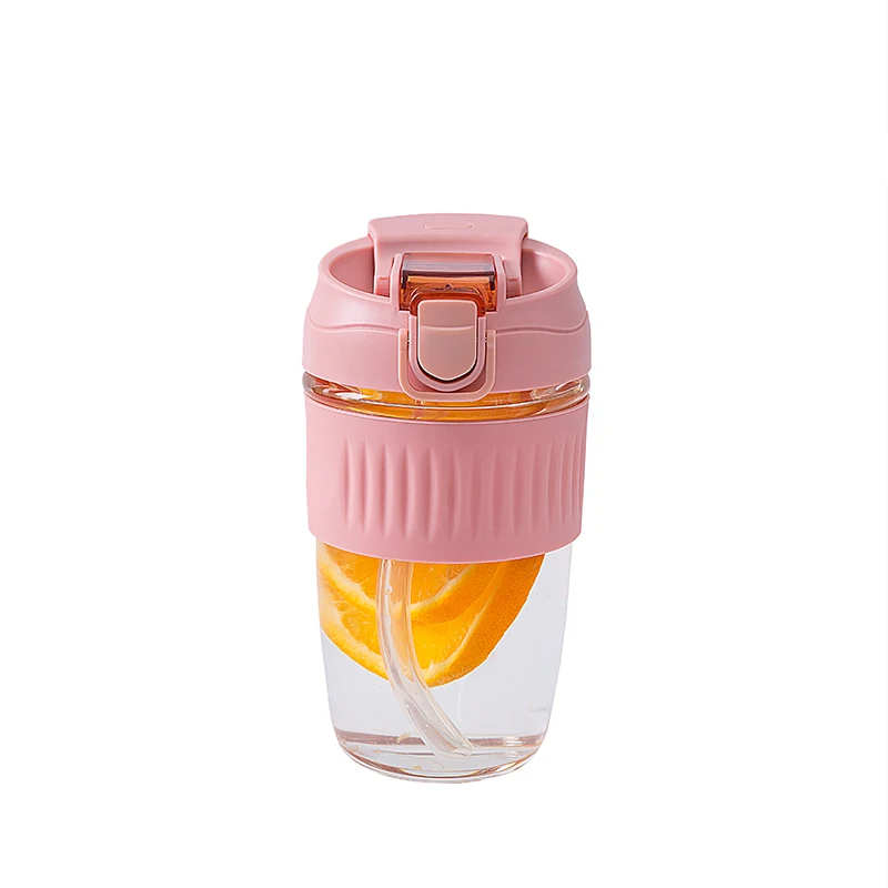 

wholesale clear drinking glass water bottle with straw cup, Pink