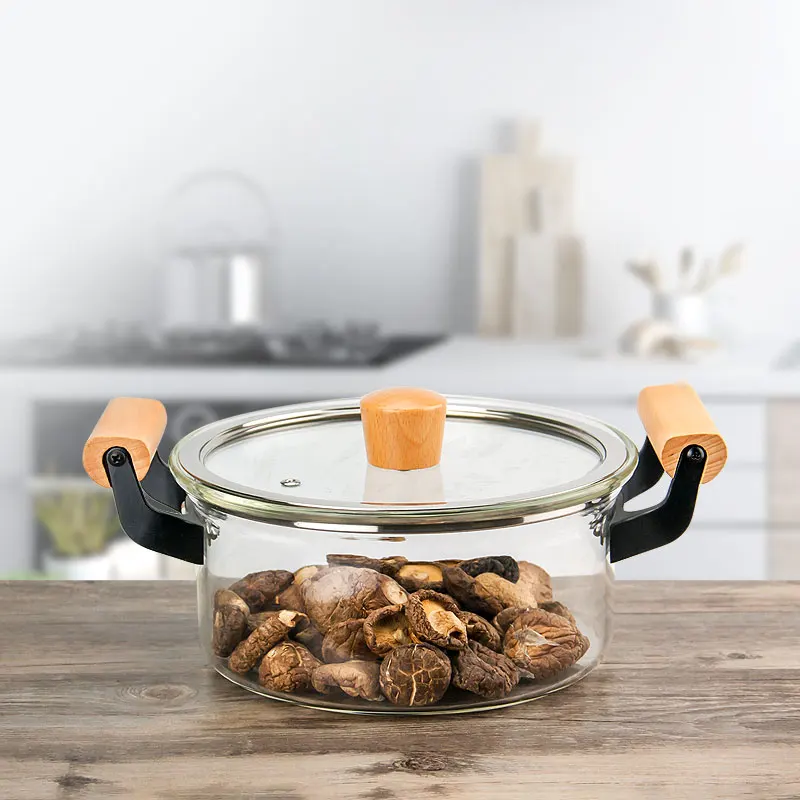

Hot Borosilicate Big Size Transparent Clear Cooking Pot Borosilicate Pyrex Glass Cooking Pot With Wooden Handle