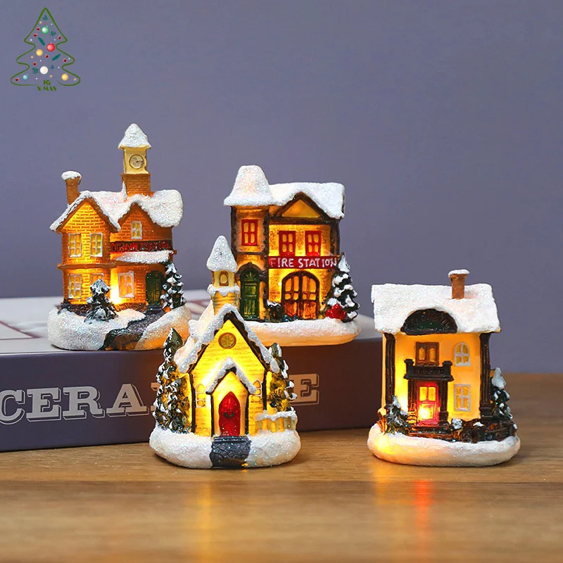 

KG Xmas New Navidad Decor Mini Resin Ornaments Resin Miniatures LED Warm Light Christmas House Village With Cell Battery