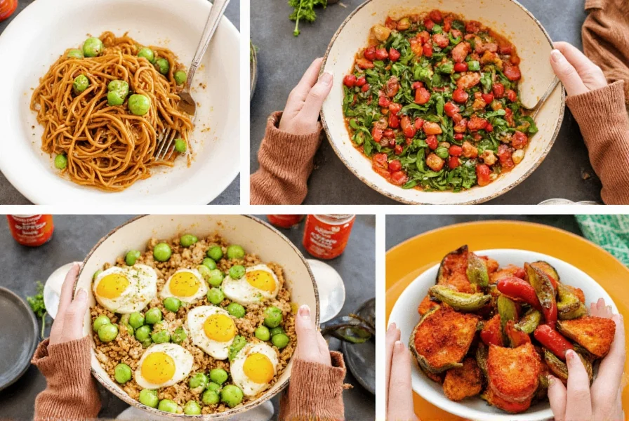 Various dishes enhanced with Trader Joe's Chili Crunch including noodles, eggs, and roasted vegetables