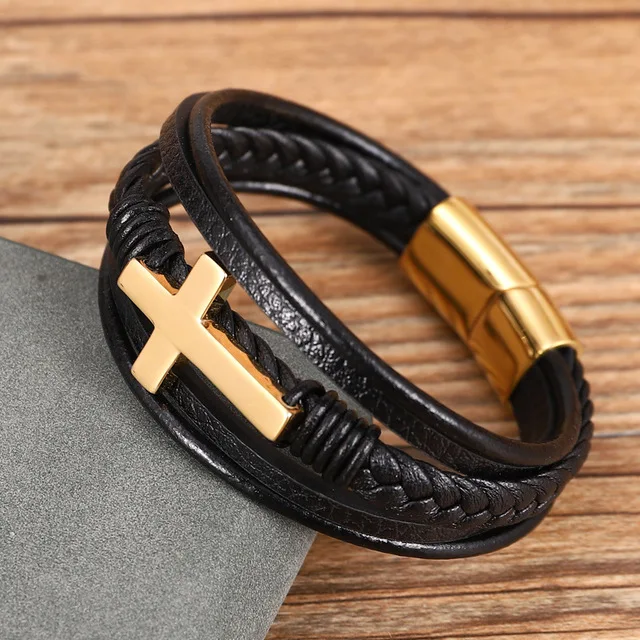 

Hot Sales Custom Name Stainless Steel Magnetic Buckle Cross Charm Bracelets Multi Layer Braided Leather Bracelet Punk Jewelry