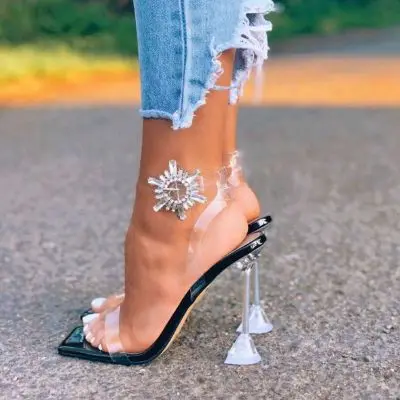 

European and American style women's shoes generous square head transparent sunflower wine glass high heel large size sandals 42