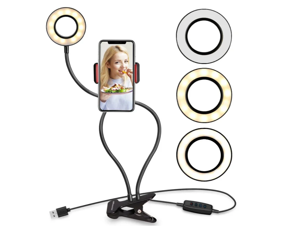 

3.5Inch Desktop Selfie Ring Light with Adjustable Tripod Stand LED Table Clip Circle Light For Beauty Live Broadcast, Black/white