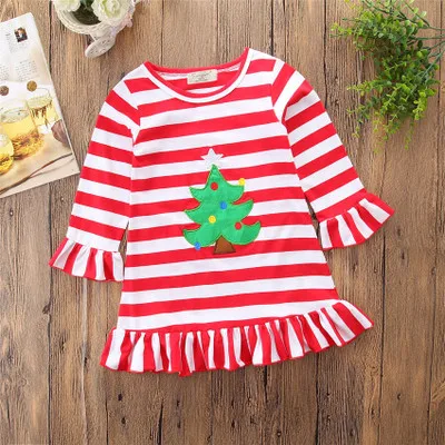 

F11160A European girls long-sleeved striped Christmas tree dress, As picture