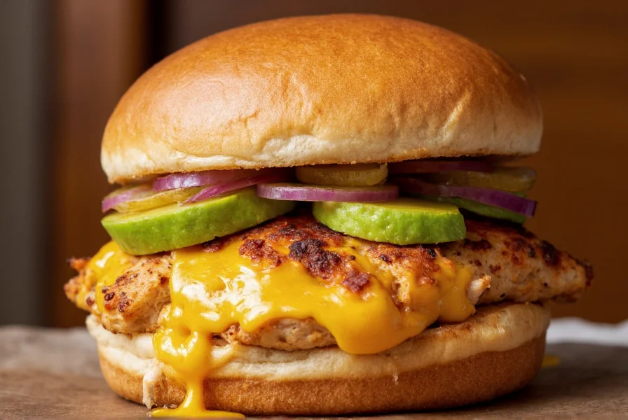 Perfectly assembled ghost pepper chicken sandwich with melted cheese, avocado slices, and pickled onions on toasted brioche bun