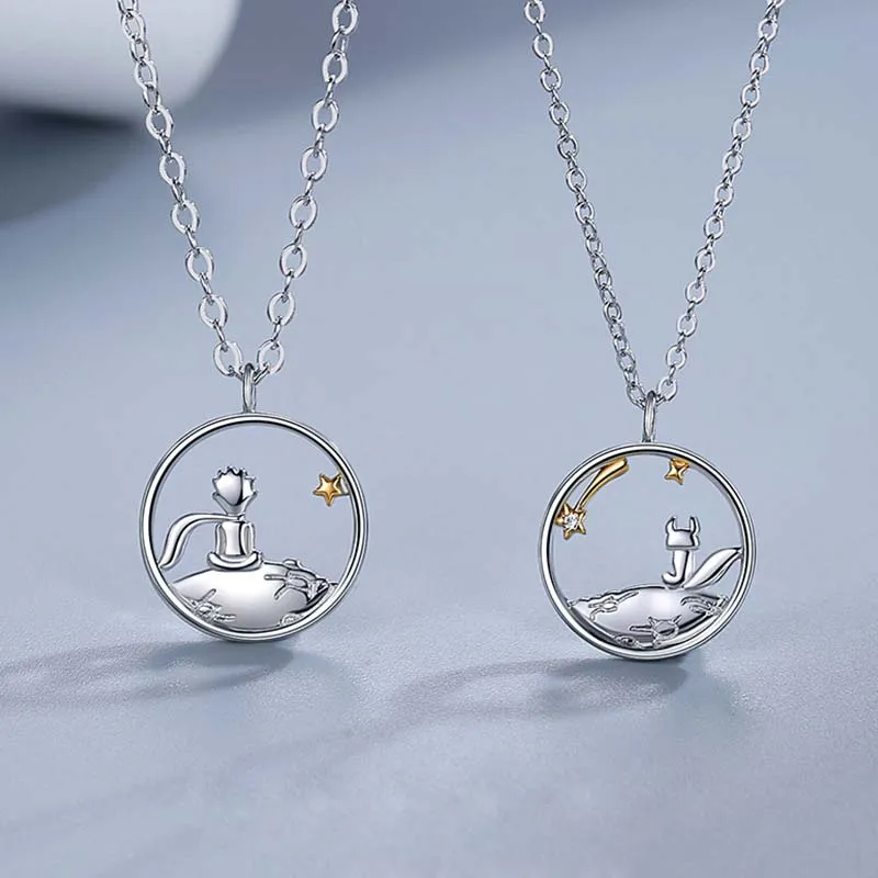 

Fashion jewelry two tone stainless steel chain the little prince and fox pendant choker necklace, Silver