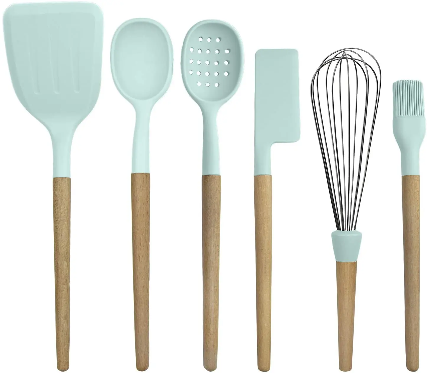 

Amazon Mint Kitchen 6 pcs Non Stick Silicone Utensil Baking Set with Rounded Wooden Handles for Cooking and Baking with holder