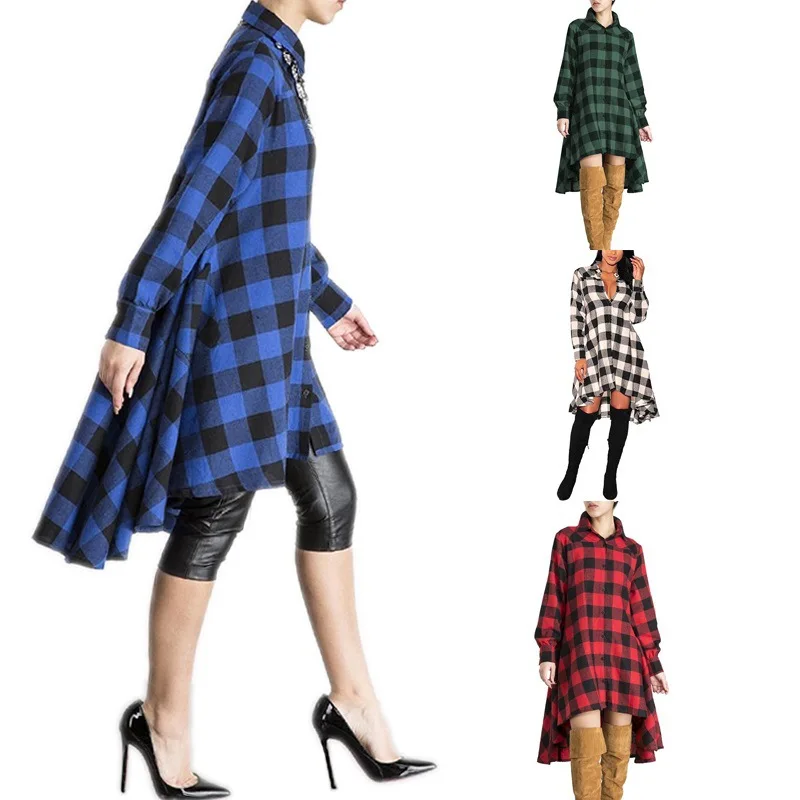 

New Arrivals Autumn Loose Fashion Long Sleeve Shirt Plaid Dress, Picture