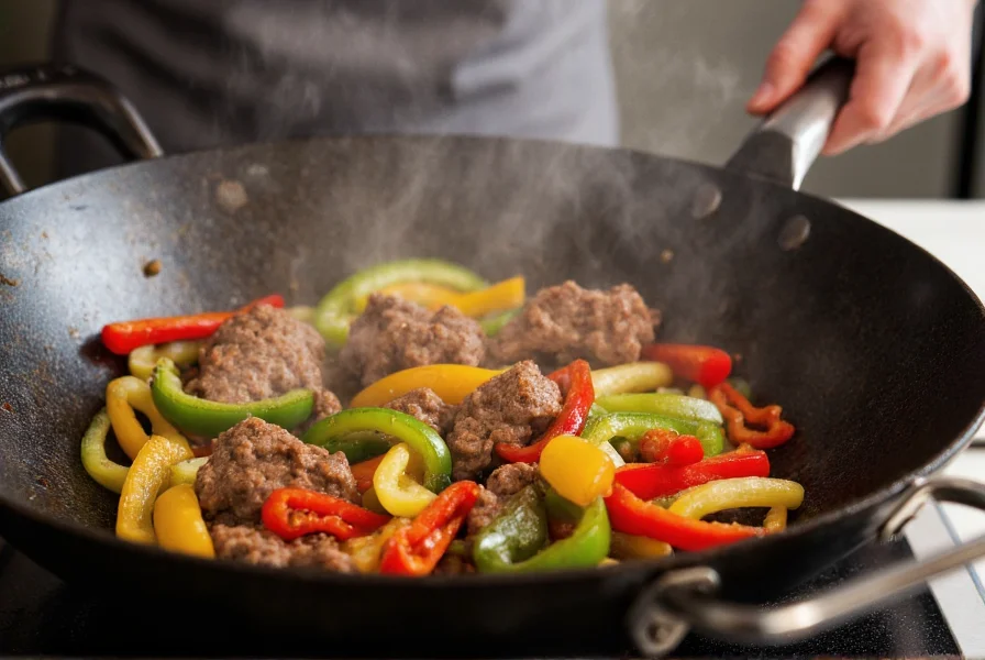 Chef stir-frying colorful bell peppers and beef strips in a hot wok with steam rising
