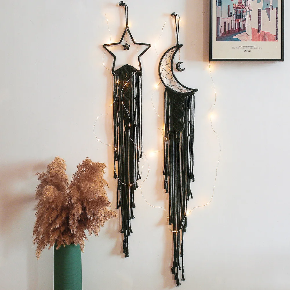 

Handmade Black Crystal Dream Catcher Moon Charm Diy Led Macrame Tapestry Wall Hangings Boho Decoration Natural Crafts