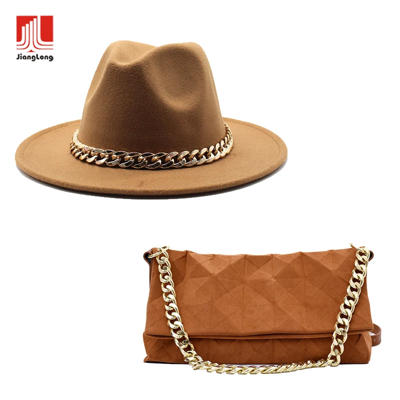 

Women bag and hats set chain accessory bags solid color wool felt fedora with big gold chain