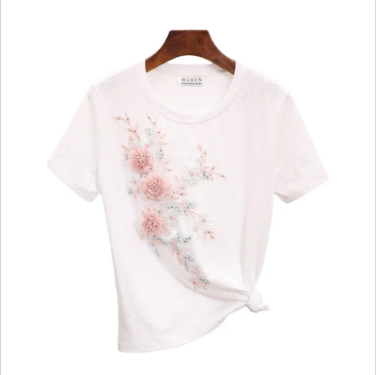 

Summer new women's T-shirt heavy industry nail bead embroidery three dimensional flower short sleeve white top