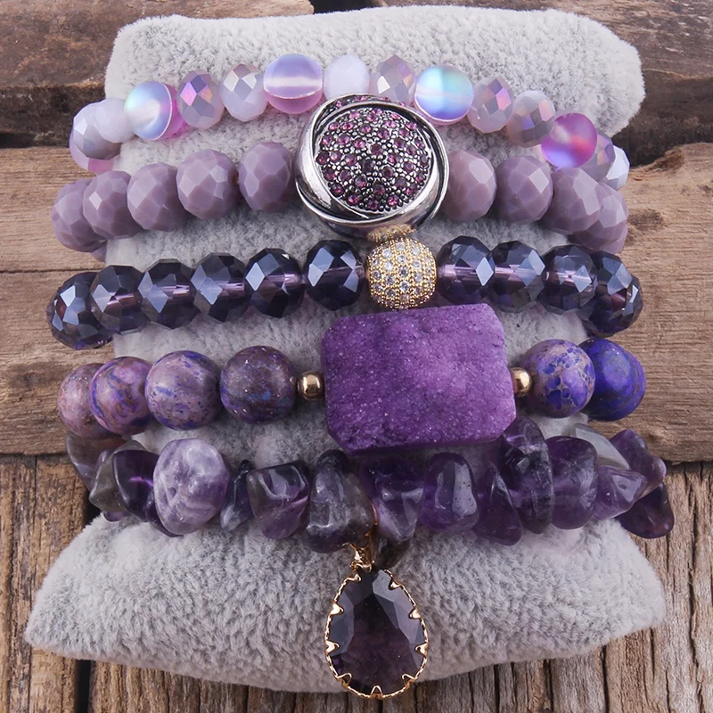 

Natural gemstone beaded bracelet set alloy rhinestone button Purple Druzy Amethyst stack bracelet set