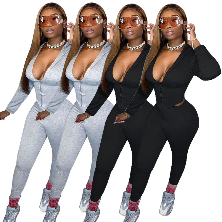 

New Fashion Womens Clothing Two Piece Zipper Long Sleeve Sets Hoodie V neck Women 2 Piece Winter Set