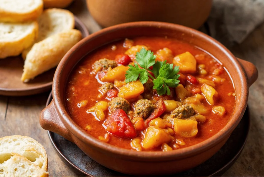 Finished stuffed pepper soup in crock pot garnished with fresh parsley and served with crusty bread