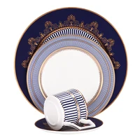 

Luxury noble Salad Pasta Tray Home Gift Cutlery Dinner Set Custom Royal blue edge wedding plates Chinese ceramic tableware