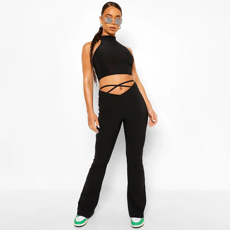 

Fashion bandage women pants solid elastic high waist slim long trousers 2021 summer streetwear outfits