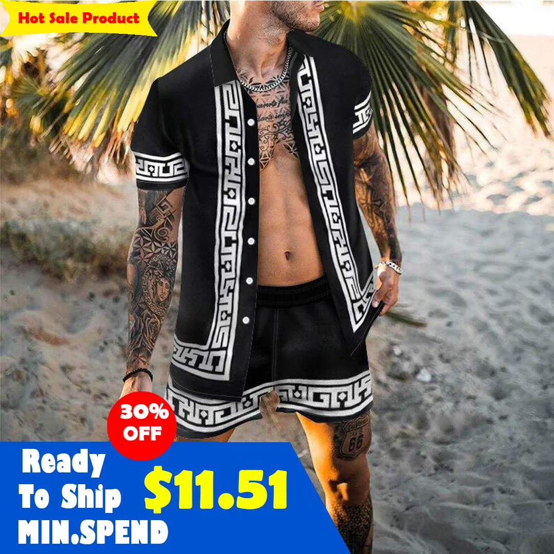 

New Arrivals Summer Men's clothing shorts casual loose beach suit short-sleeved shirt mens suit 2 piece sets, As picture