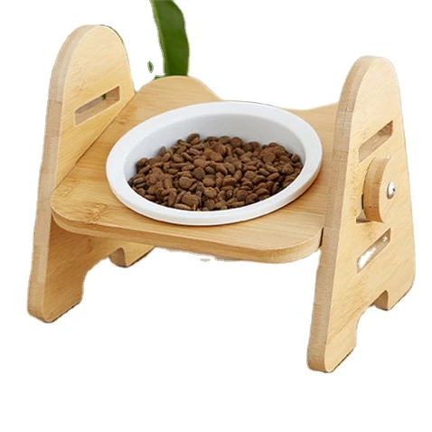 

New Pet Bowl Cat And Dog Two Adjustable Bamboo And Wood Frame Ceramic Bowls, White