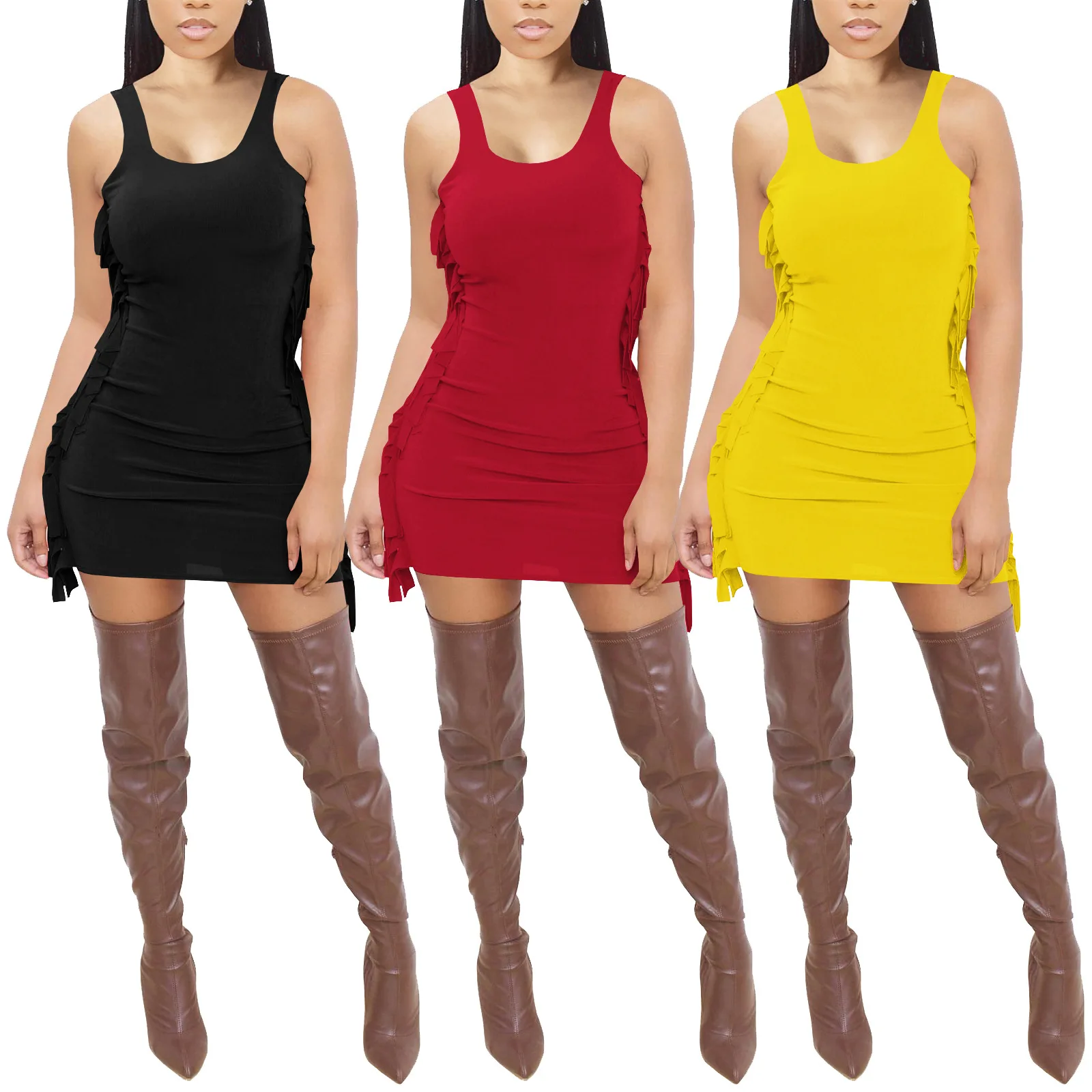 

GHR8207 2022 Sexy Summer Dress Fashion Halter Short Dress With Tassels Solid Color Stretchy Mini Dress, Black,yellow,red etc.