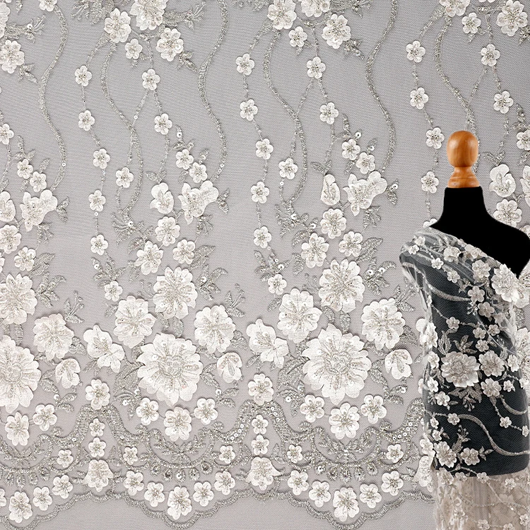 

QC078 2021 Wholesale Polyester Nylon Bridal Beaded Lace Fabric Flower Embroidered Fabric Wedding Lace Fabric For Women Dress