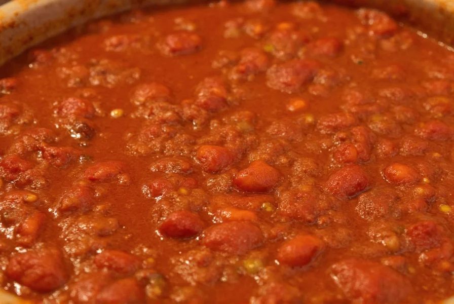 Close-up of simmering chili pot showing rich, thick consistency with visible spice flecks