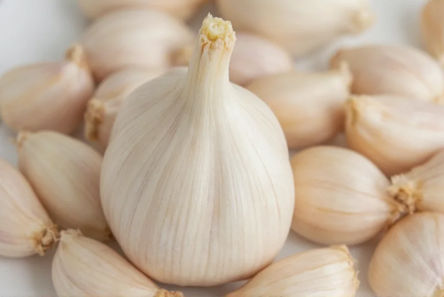 Close-up of garlic cloves next to measuring spoons showing conversion from whole clove to minced garlic