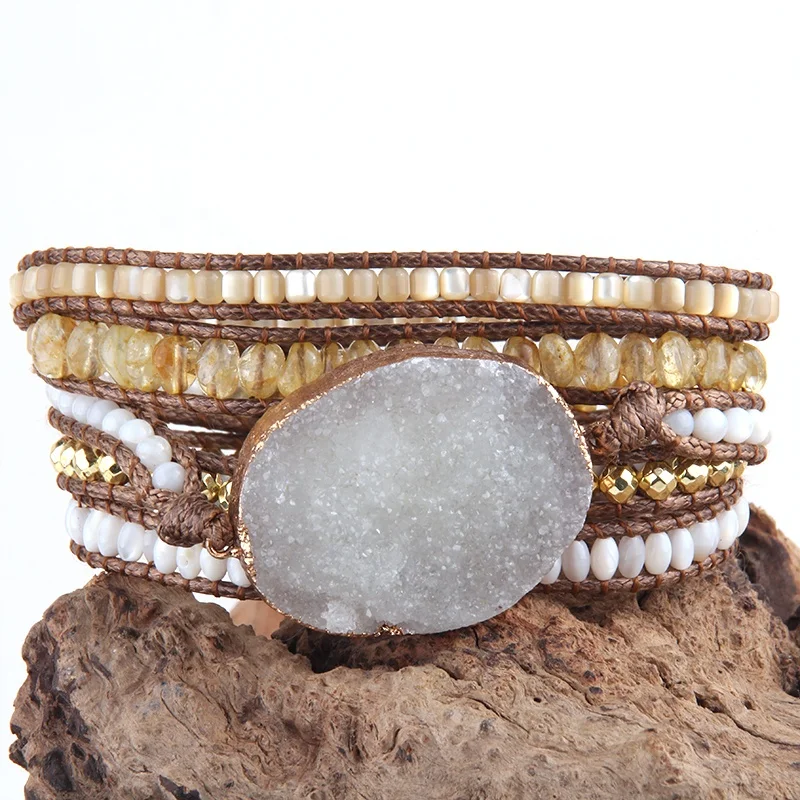 

Boho Jewelry 5 Strands Beaded Bracelet Natural stone crystal glass beads Irregular Chip Stone Big White Druzy Wrap Bracelet