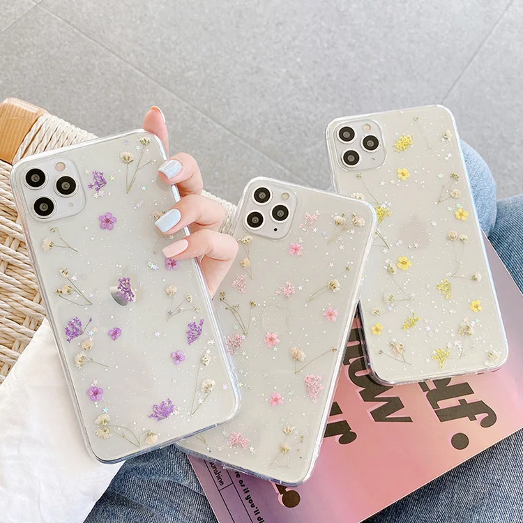 

Fashionable epoxy dried pressed floral phone case clear Soft Tpu mobile phone case back cover for iphone 12 11 pro max 7 8 x xs