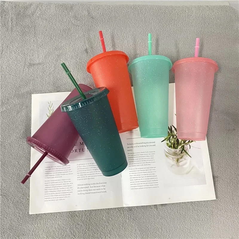 

New Product Transparent custom color changing plastic cup with lid and straw Reusable temperature Magic Mug, Customized color