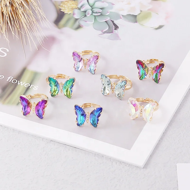 

Gradual Change Gemstone Jewelry Open Butterfly Glass Ring Girl Party, As pictures