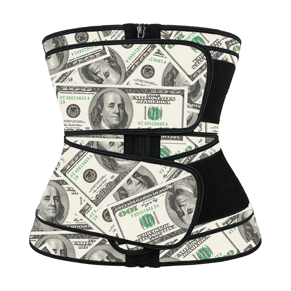 

NANBIN USD Dollar Print 2 Band Trimmer Double Belt Waist Trainer, Black, pink, purple