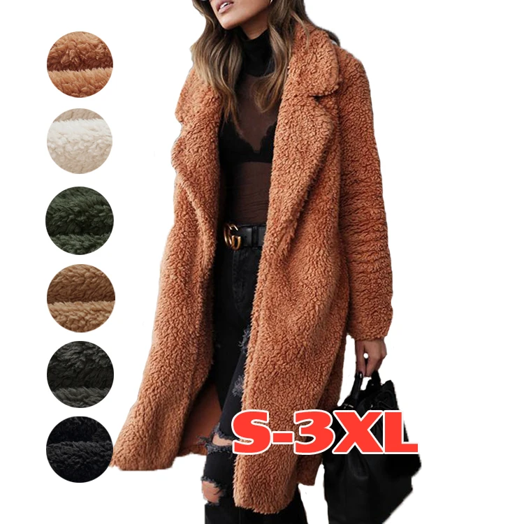 

Wholesale brown trench sherpa coats fleece oversized plus size faux fur long winter coat for ladies women, As shown as the picture