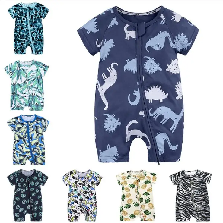 

Wholesale casual girls romper 100% cotton cute baby home wear double zipper printing short-sleeved boy romper kids pajamas set