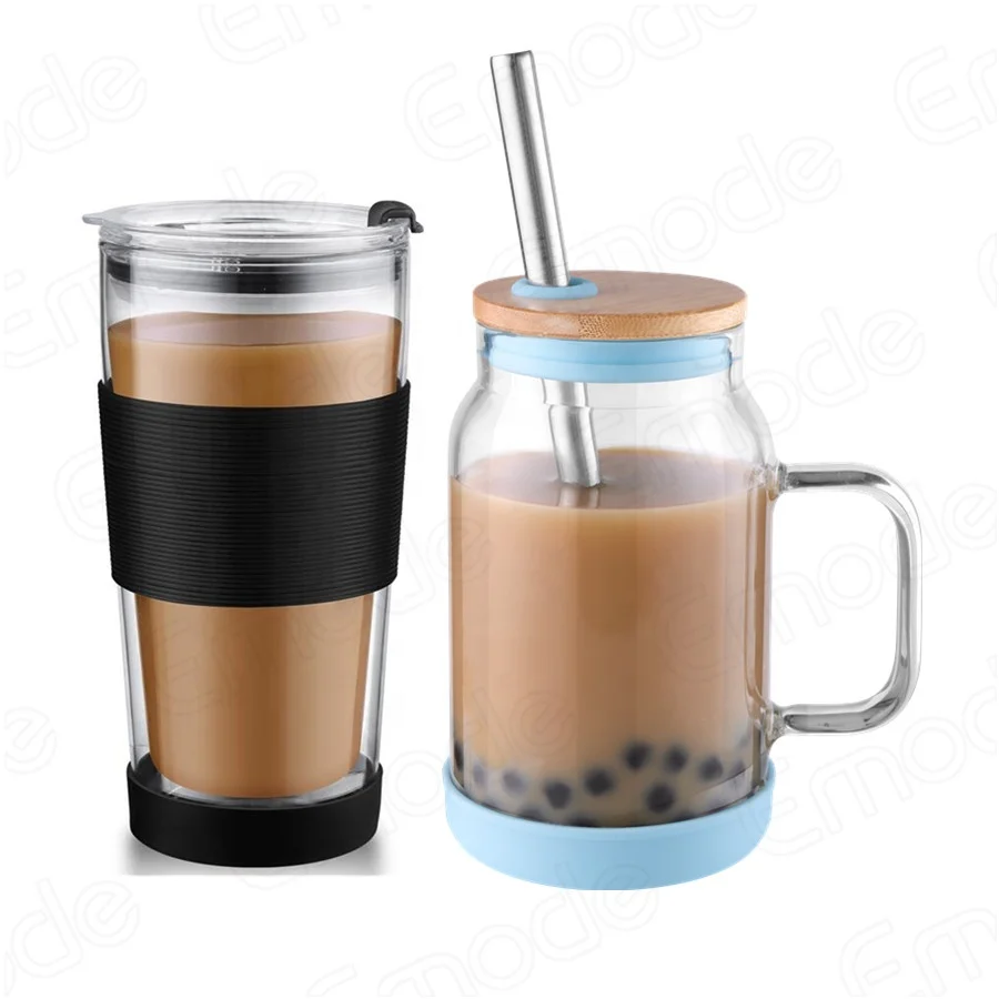 

Customized Glass Iced Drinking Smoothie Boba Cups With Lids and Straws