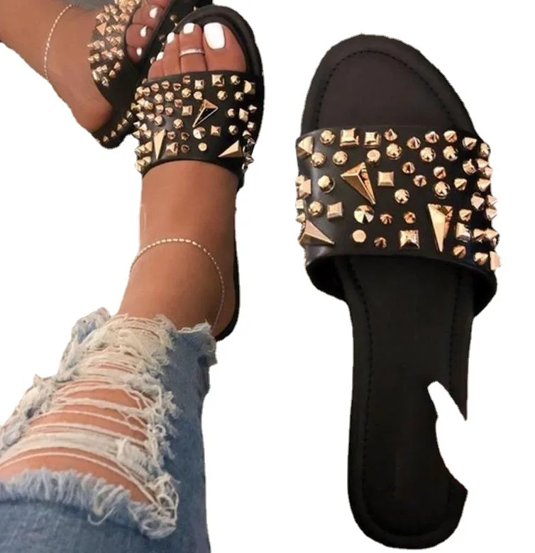 

Women Shoes Sandals Summer Rivet Punk Women's Flat Shoes Ankle Strap Female Cool Girls Buckle Transparent Bling Ladies Slippers