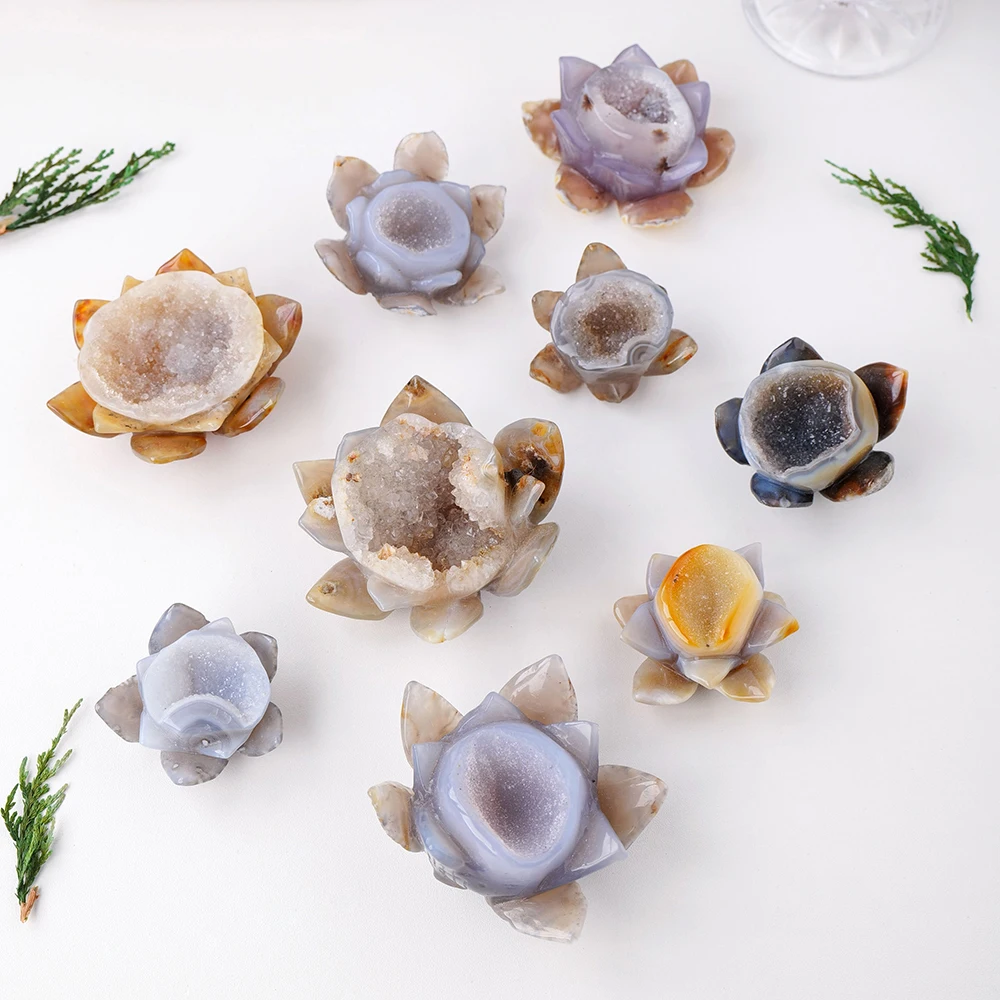 

Natural crystal crafts healing natural agate lotus flower geode stone reiki gemstone crafts