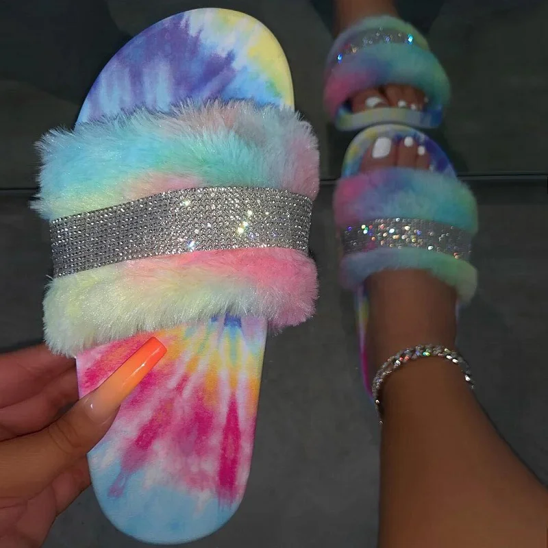 

2021 New arrival Winter Colorful slides sandalia de mujer womens Flat Sandals fluffy Slippers fur slipper, Clear colors
