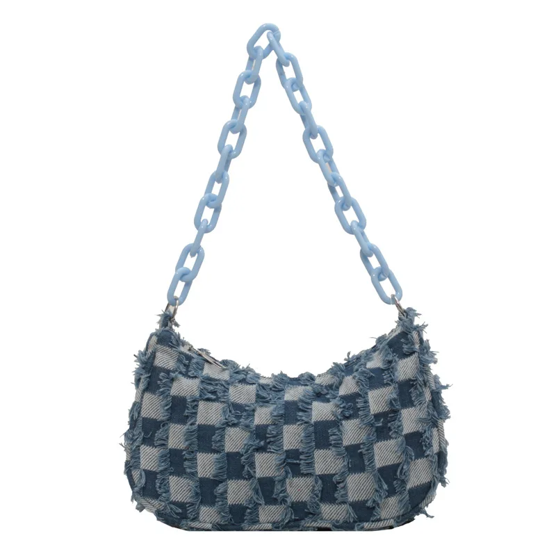 

Retro Female Ins Fashion Plaid Tote Bag for Women Simple Chain Shoulder Bag Checkerboard Denim Purses and Handbags