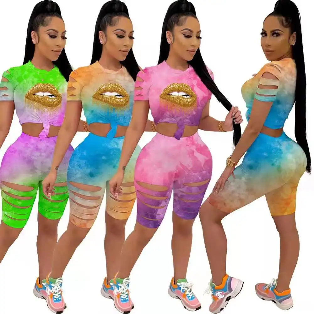 

Summer 2021 chic design tie dyed Shorts Set women's fashion flat T-shirt and perforated pants 2-piece Street for women