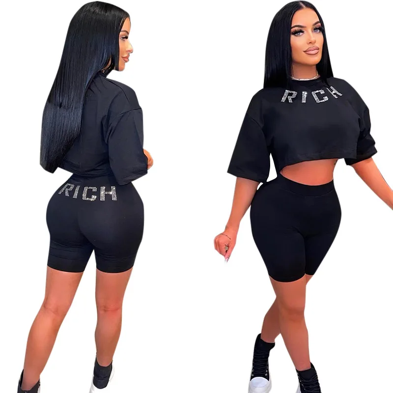 

Most Popular Two Piece Set Outfit Summer Letter Rhinestone Round Neck Short Sleeve Short T Shirt And Tight Shorts Women's Sets